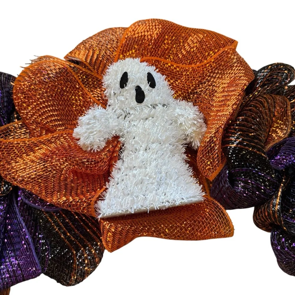 Vibrant Purple & Orange Halloween Deco Mesh Wreath with Ghost & Pumpkins – 25″